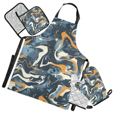 Brown Blue Marble 5 Pcs Kitchen Set Heat Resistant Oven Mitts and Non-Slip Pot Holders with Adjustable Cooking Apron