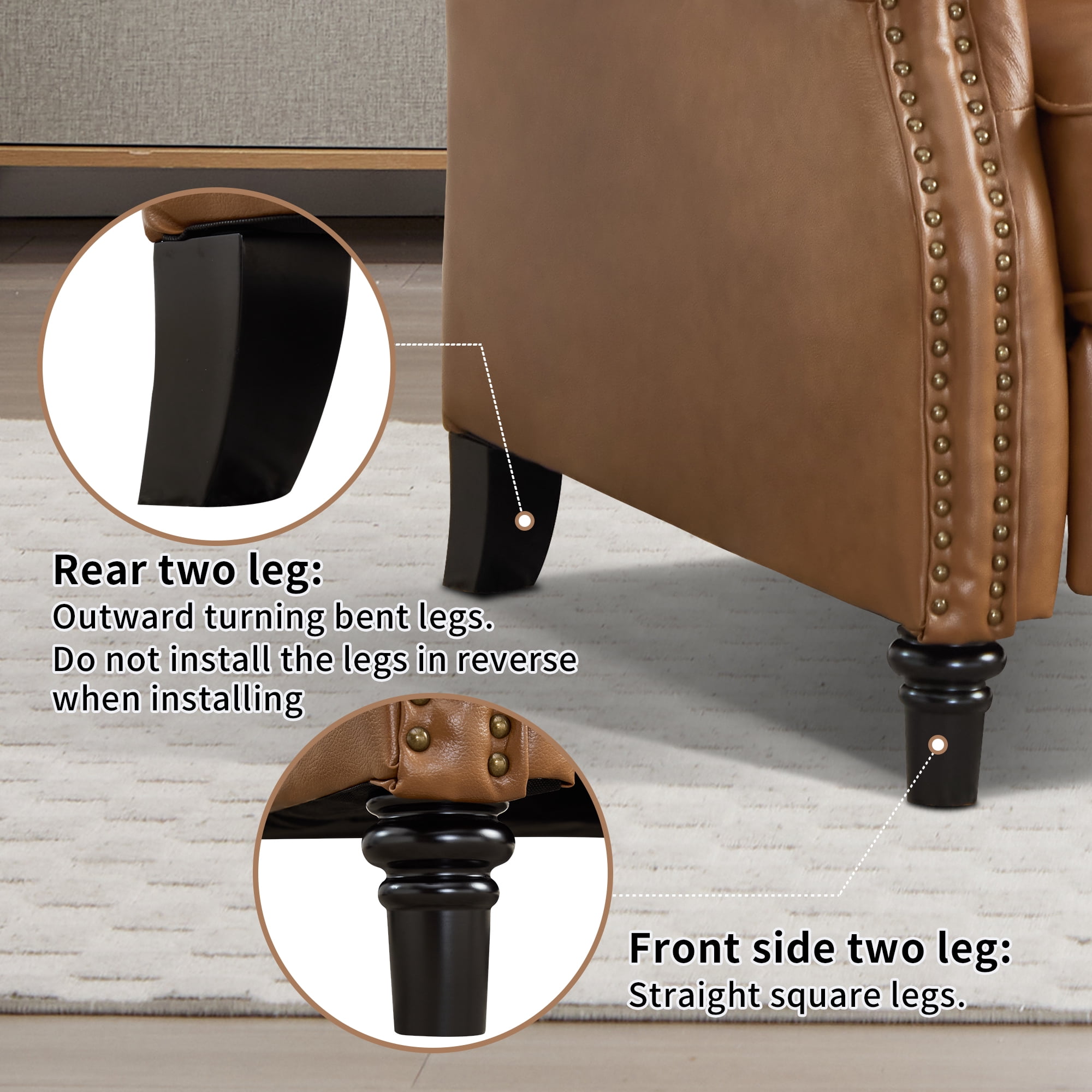 Ebello Genuine Leather Push Back Recliner Chair, Wingback Reclining Chair with Padded Seat & Rivet Decoration, Single Sofa for Living Room, Apartment (Brown)