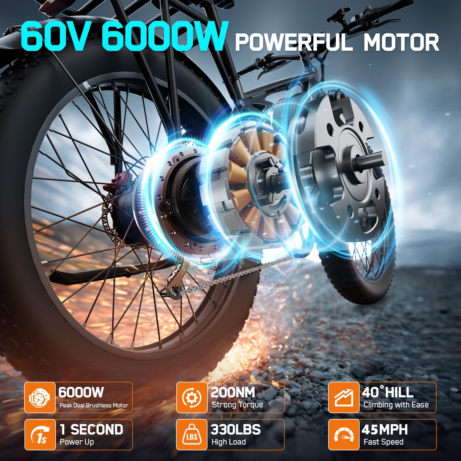 FENGQS 6000W Dual Motor Electric Bike for Adults, 50MPH 100 Miles 60V 1200Wh Ebike, 24" x 4" Fat Tire Full Suspension, Hydraulic Brakes 7-Speed Mountain E-Bicycle-(Black)