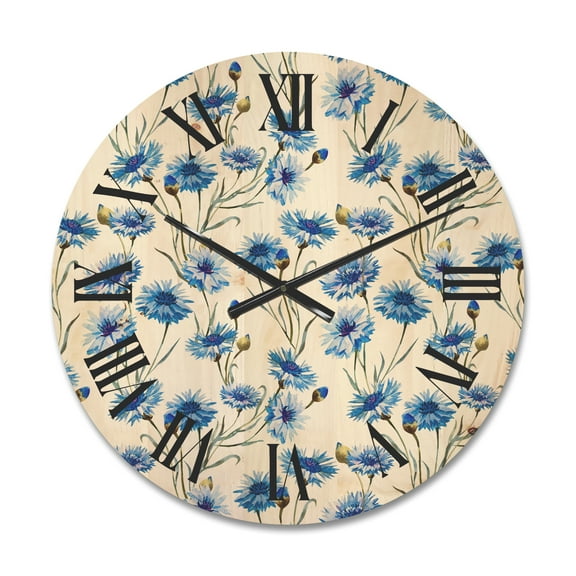 Designart 'Blue Cornflowers With Green Leaves On White II' Traditional Wood Wall Clock