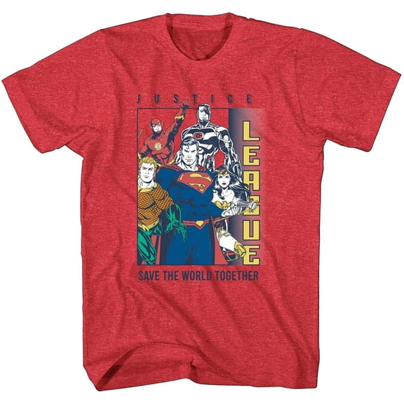 Mighty Fine Boys Justice League Short Sleeve T-Shirt - Batman, Flash, Wonder Woman, Aquaman and Cyborg Large, Red Heather