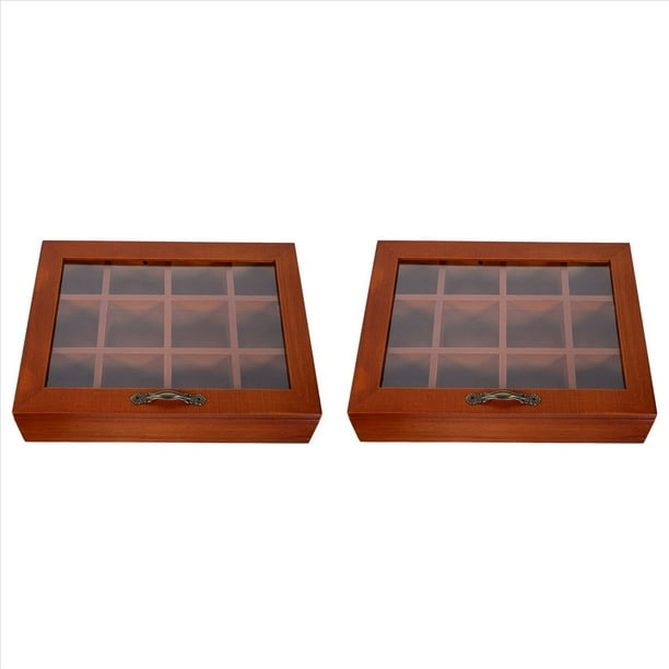 2X Soporte de Madera para Bolsas de Té, 12 Rejillas, Paquetes de Azúcar, Bolsas de , Estuche de Almacenamiento, Cajas para Bolsas de Café Instantáneo con Tapa Transparente