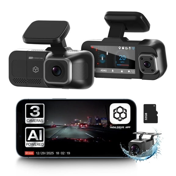 Open Box YADA BT534582-6/2 RoadCam AI 3-Channel Dash Cam with AI-Powered Driver Assistance, Front Interior Rear Full-Coverage
