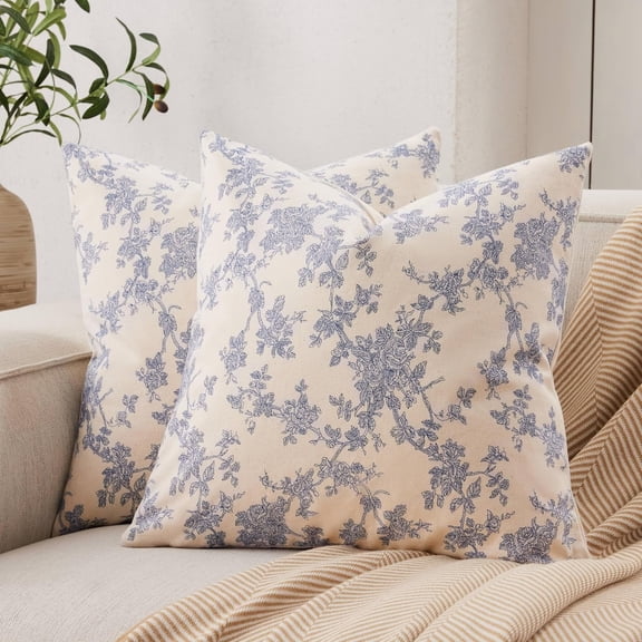 100% Cotton French Pastoral Throw Pillow Covers Set of 2, 20x20 Inch Double Sided/Blue, Farmhouse Decorative Cushion Covers for Sofa Bed Living Room Home Decor