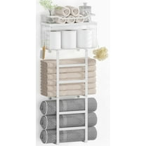 Towel Racks for Bathroom Wall Mounted, 4 tire Bath Towel Storage - with 2 Pack Towel Shelf and Floating Shelves Over Toilet, Rolled Towel Holder Shelf Organizer, Sturdy Metal & Wood, 34inch, White