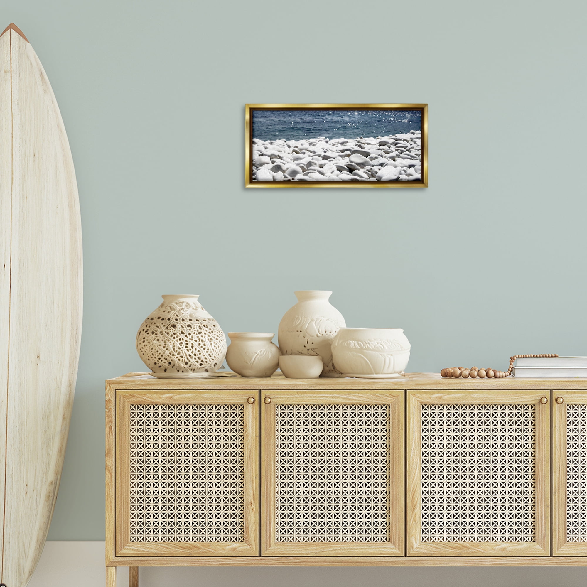 Stupell Industries Greek Pebbles Shore Landscape & Nature Photography Gold Floater Framed Canvas Art Print Wall Art, 25 x 11