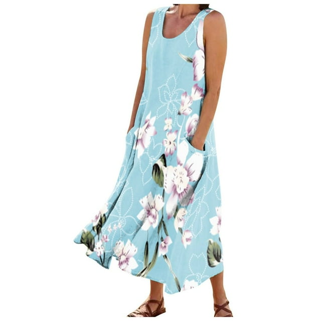 CHOK Robes d'Été Décontractées Femmes Coton Lin à Fleurs Robe Maxi Femme Sans Manches Débardeur Longue Fluide Robe Bohème Robes d'Été Fluides pour Adolescentes avec Poches Gris Foncé 3TG