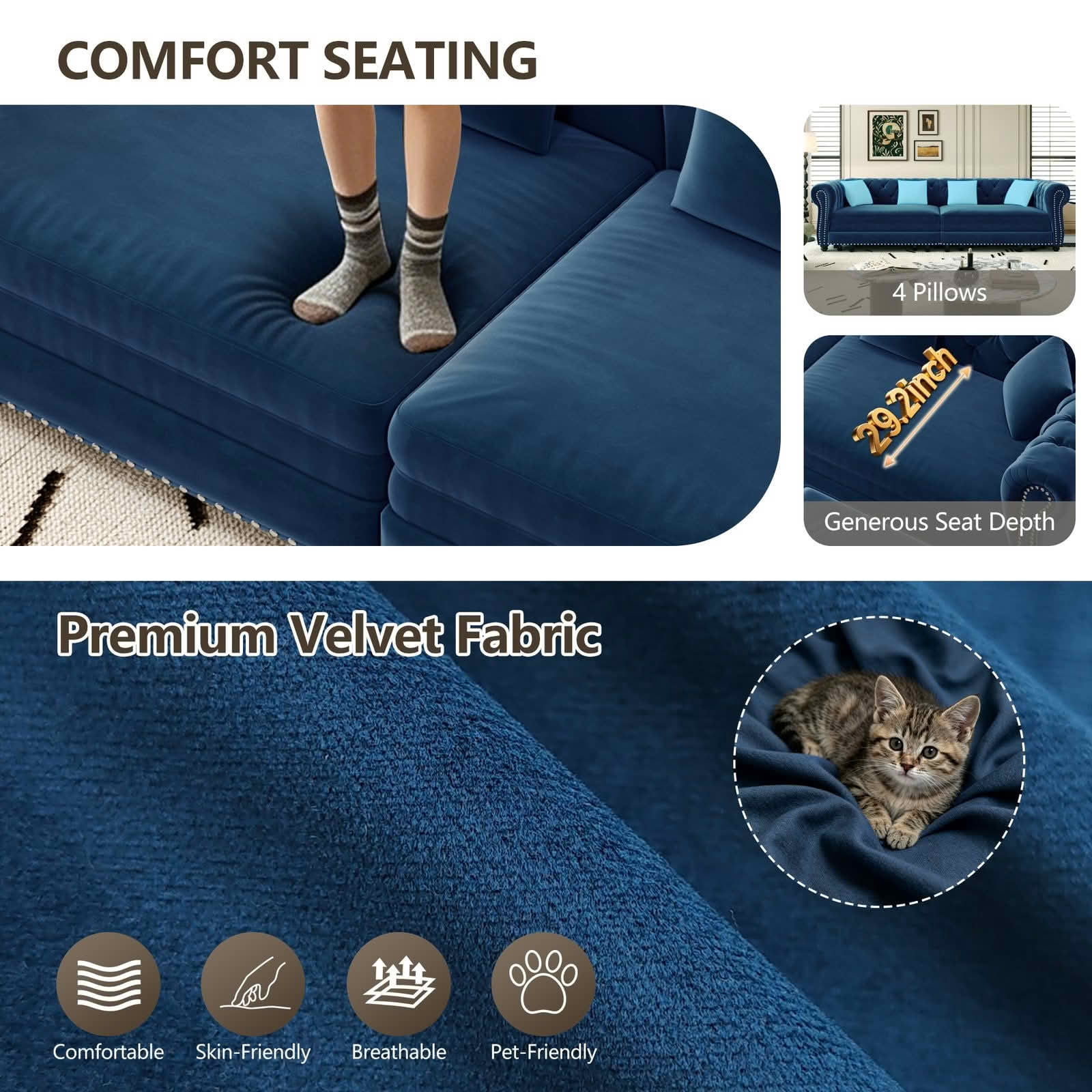 MAYEERTY 89" Chesterfield 3‑in‑1 Pull‑Out Sofa Bed, Tufted Velvet 3‑Seater Couch with Movable Ottoman, King Size Sleeper Chaise Lounge, 4 Pillows Included