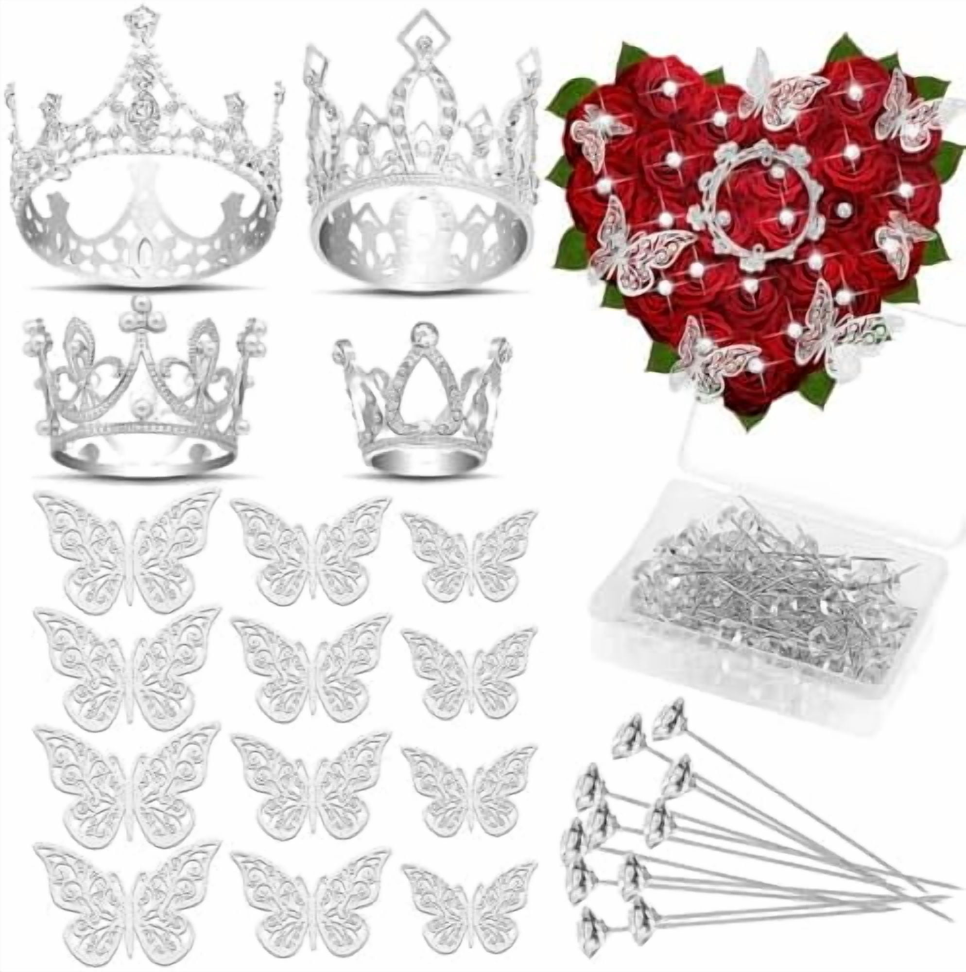 cridoz Flower Bouquet Accessories Including 4 Pcs Silver Crowns, 12 Pcs Butterfly Decorations and 50 Pcs Flower Pins for Flower Bouquets and Cake Topper Decoration