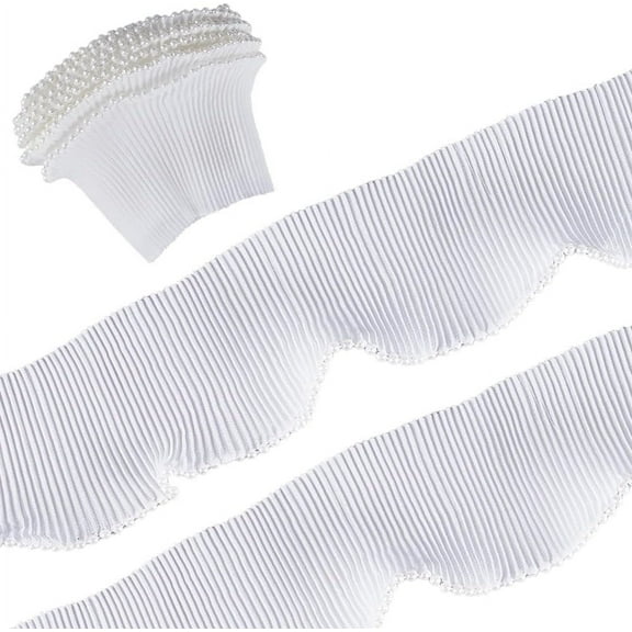 5.5 Yards 2.87" White Pearl Trim Organza Lace Ribbon Ruffle Chiffon Pleated Edge Satin Gathered Edging Trimmings Tulle Fabric for Cloth Wedding Dress Applique Embellishment Diy Sewing Craft