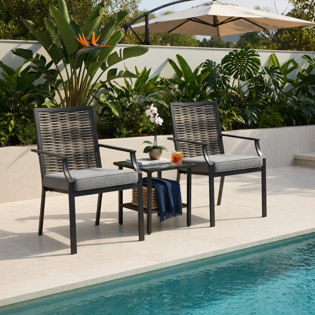 Hommoo 2-Pack Stackable Outdoor Wicker Armchairs with Removable Gray Cushions, PE Rattan Patio Chairs for Backyard, Balcony & Poolside, Gray