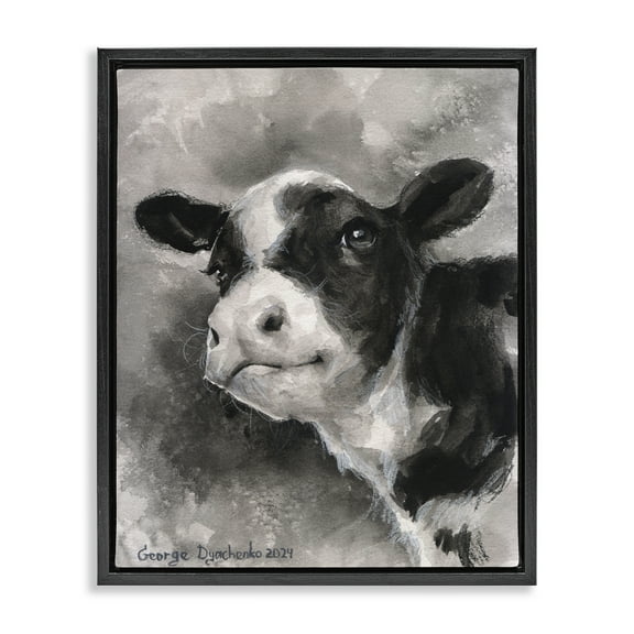 Stupell Industries Smiling Baby Calf Animals Drawing Black Floater Framed Canvas Art Print Wall Art, 17 x 21