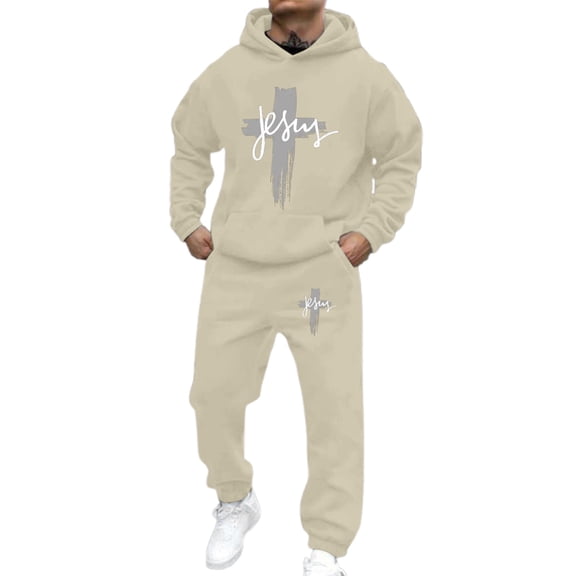 Aihuaihua Men's Christian 2 Piece Jogging Suit Jesus Cross Sweatsuits Lounge Matching Sets Religious Faith Hoodie Tracksuit Khaki XXL