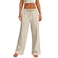 thumbnail image 5 of Nestiefly Womens Casual Linen Wide Leg Pants Flowy Drawstring High Waist Palazzo Beach Vacation Trousers Beige M, 5 of 7