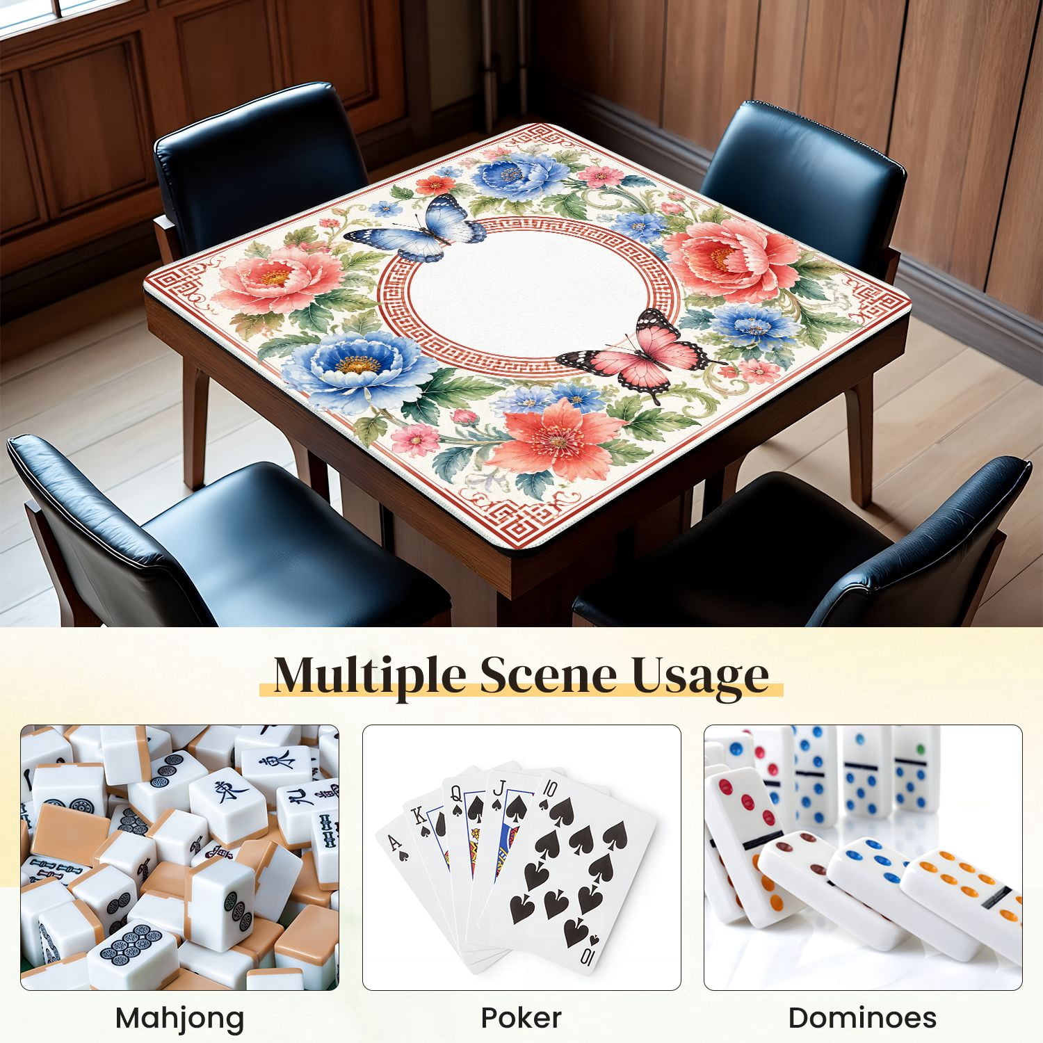 Mahjong Mat 31.5" x 31.5" Colorful Floral Butterfly Peonies Non-Slip Noise Reduction Mahjong Tiles Table Cover for Dominoes Poker Card Board and Tile Games
