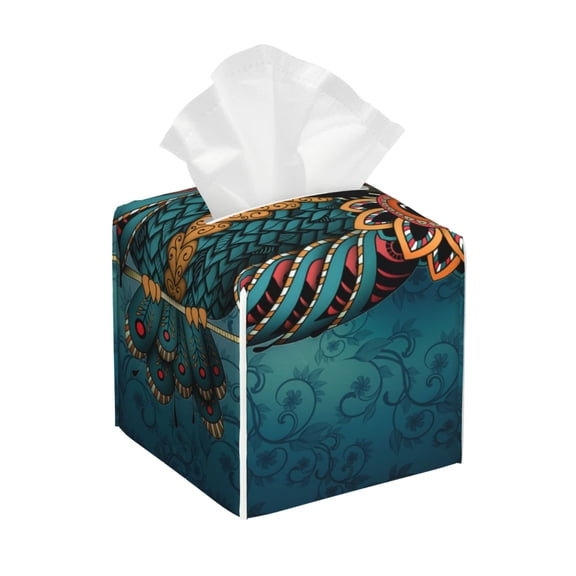 Picia Owl In Blue Pattern Tissue Box Cover,PVC Leather Square Holder,Tissue Box Holder with Magnetic Bottom,Facial Paper Organizer Dispenser-5.2"X5.2"X5.2"