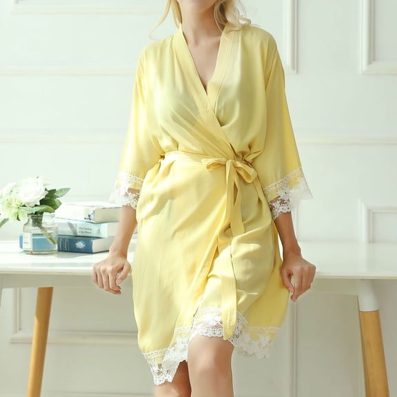 Wyongtao Womens Lace Kimono Sleeve Robes Dressing Gown Satin Bathrobe Nightdress Short Style Bridal Robe,Yellow S