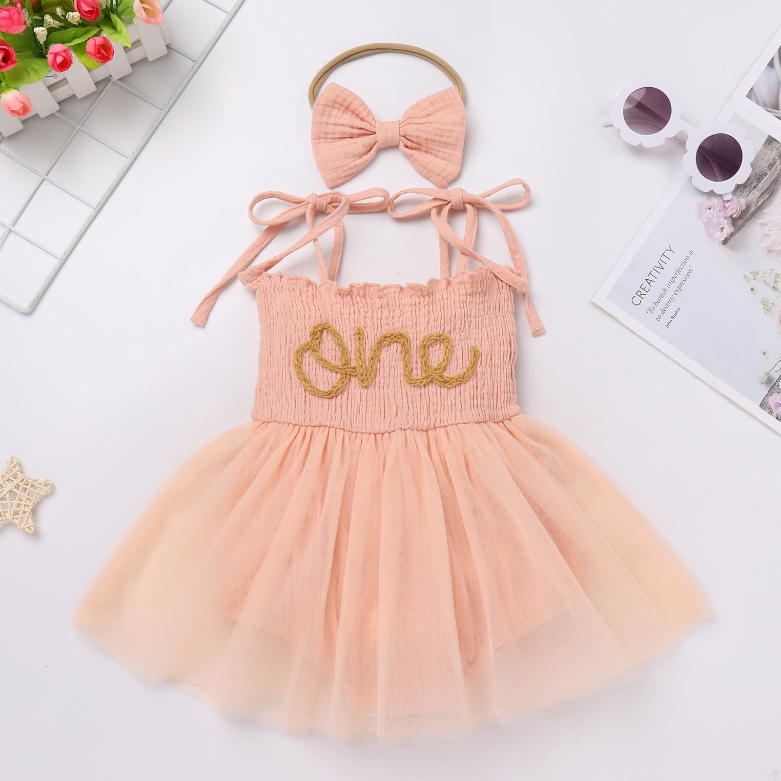 IDOPIP Baby Girls 1st Birthday Outfit Spaghetti Straps Romper Dress with Headband Cake Smash Outfit