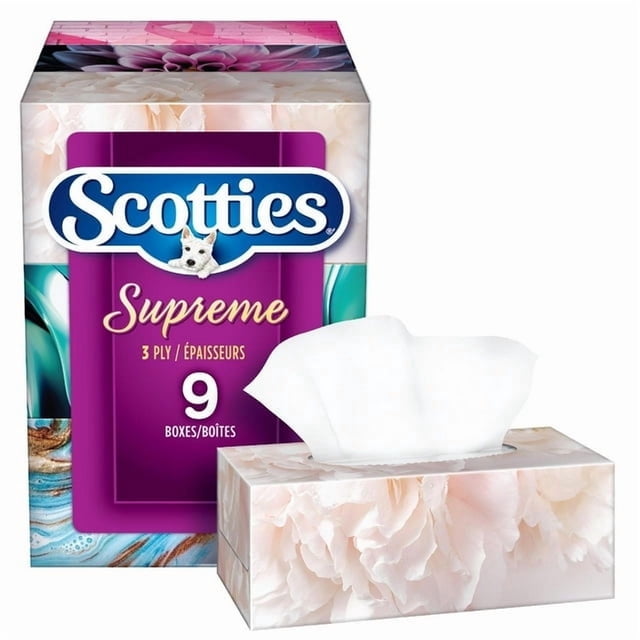 Scotties Supreme 3 Ply Soft & Strong Facial Tissue, Hypoallergenic and Dermatologist Tested, 9 Boxes, 81 Tissues per Box, 9 Boxes, 81 Tissues per Box