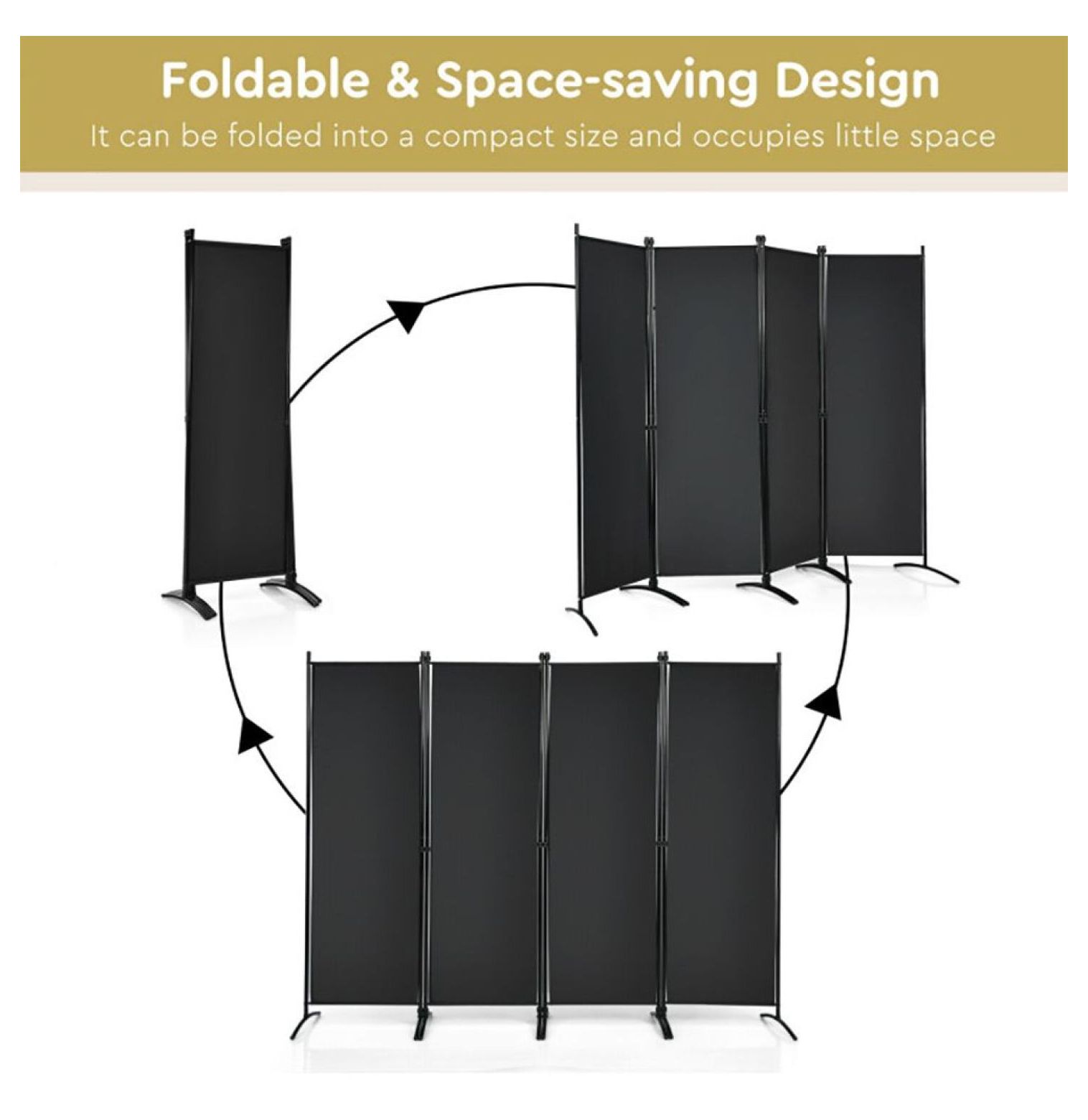 Yunken 4-Panel Steel Frame Room Divider, 5.6 Ft Tall Folding Privacy Screen for Bedroom, Office & Living Space
