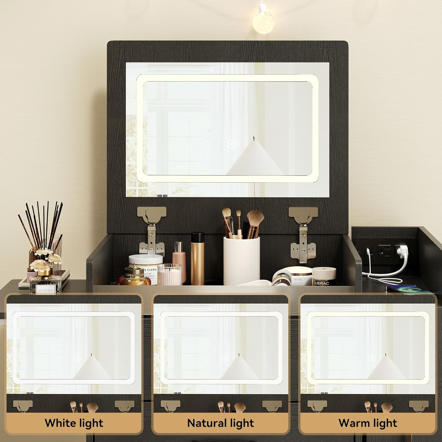 Herture 3 in 1 Vanity Desk with Flip Top Mirror, LED Lights, Side Cabinet,Collapsible Desk Panel, Hidden Stool with Storage, Small Makeup Vanity Table with Power Outlets, Compact Vanity,Black PT01DTB