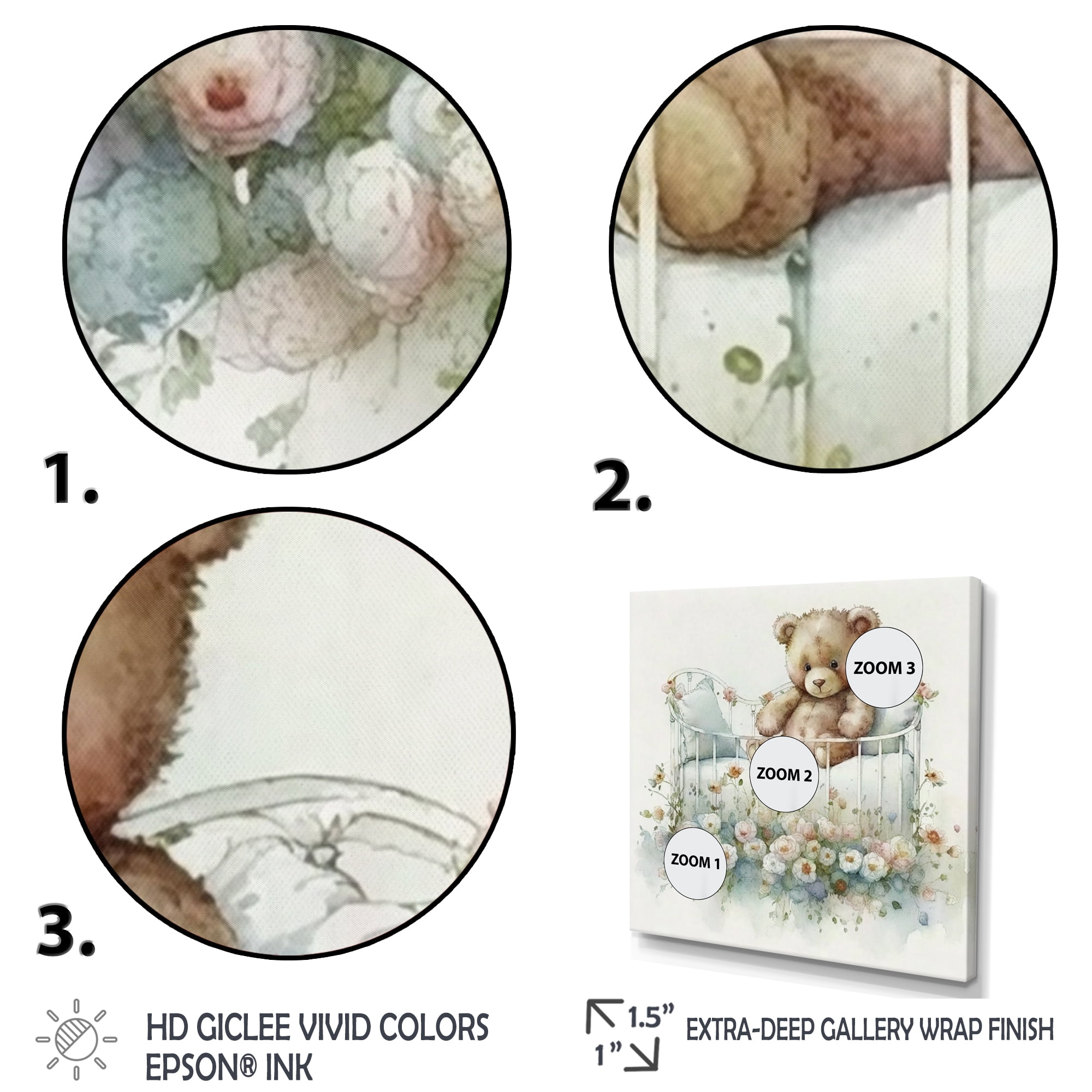 Designart Teddy Bear In Crib With Flowers III Canvas Wall Art