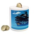 thumbnail image 2 of Vintage Boat Piggy Bank, Pirate Ship Moonlight Skull Flag Scary Island Dead Bones, Ceramic Coin Bank Money Box for Cash Saving, 3.6" X 3.2", Pale Yellow Azure Blue, by Ambesonne, 2 of 4