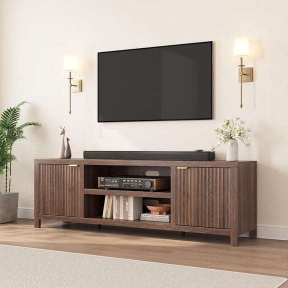 70in Wide Entertainment Center with Adjustable Shelves Modern TV Media Cabinet 2-Tier Storage for Living Room Bedroom Hallyway-Walnut Color