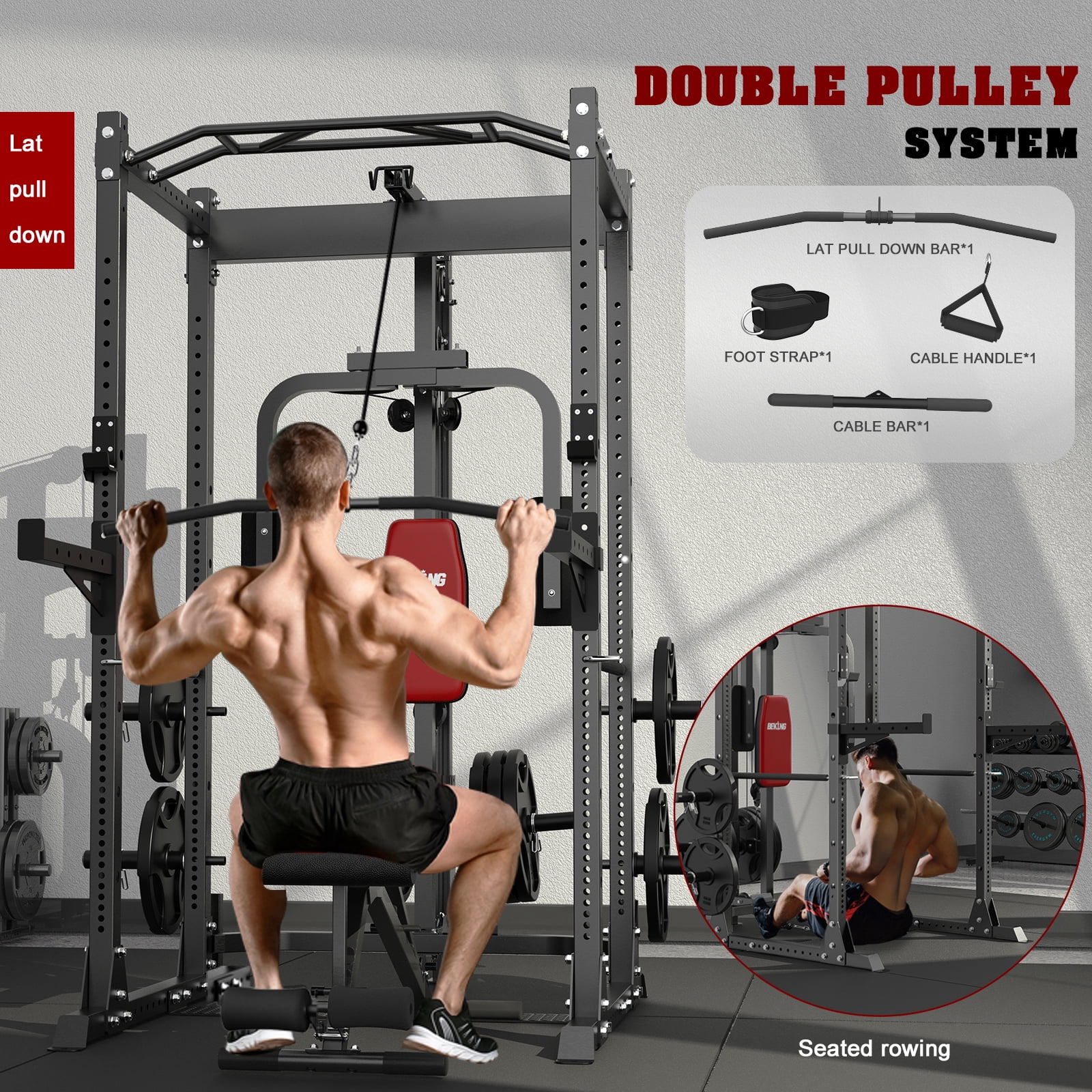 Beking 2000LBS Power Rack with Lat Pulldown, Squat Cage