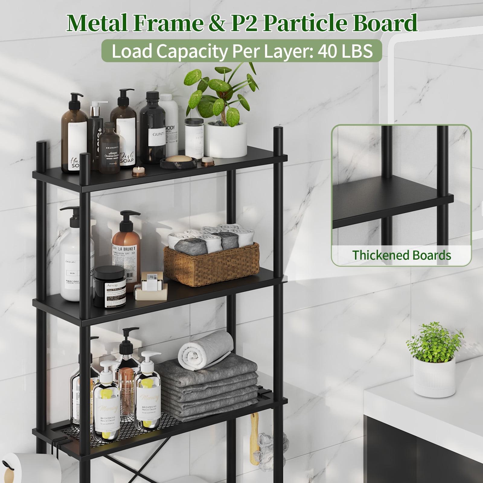 Capri 3-Shelf Over the Toilet Storage, Freestanding Wooden Bathroom Organizers and Storage Shelf, Metal Frame, Space Saver, Black
