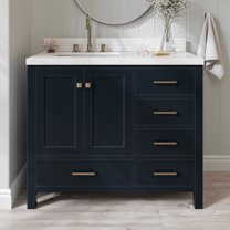 Ariel Cambridge 42 Inch Single Left Offset Rectangle Sink Bathroom Vanity With Carrara White Quartz Countertop 1.5 Edge In Midnight Blue