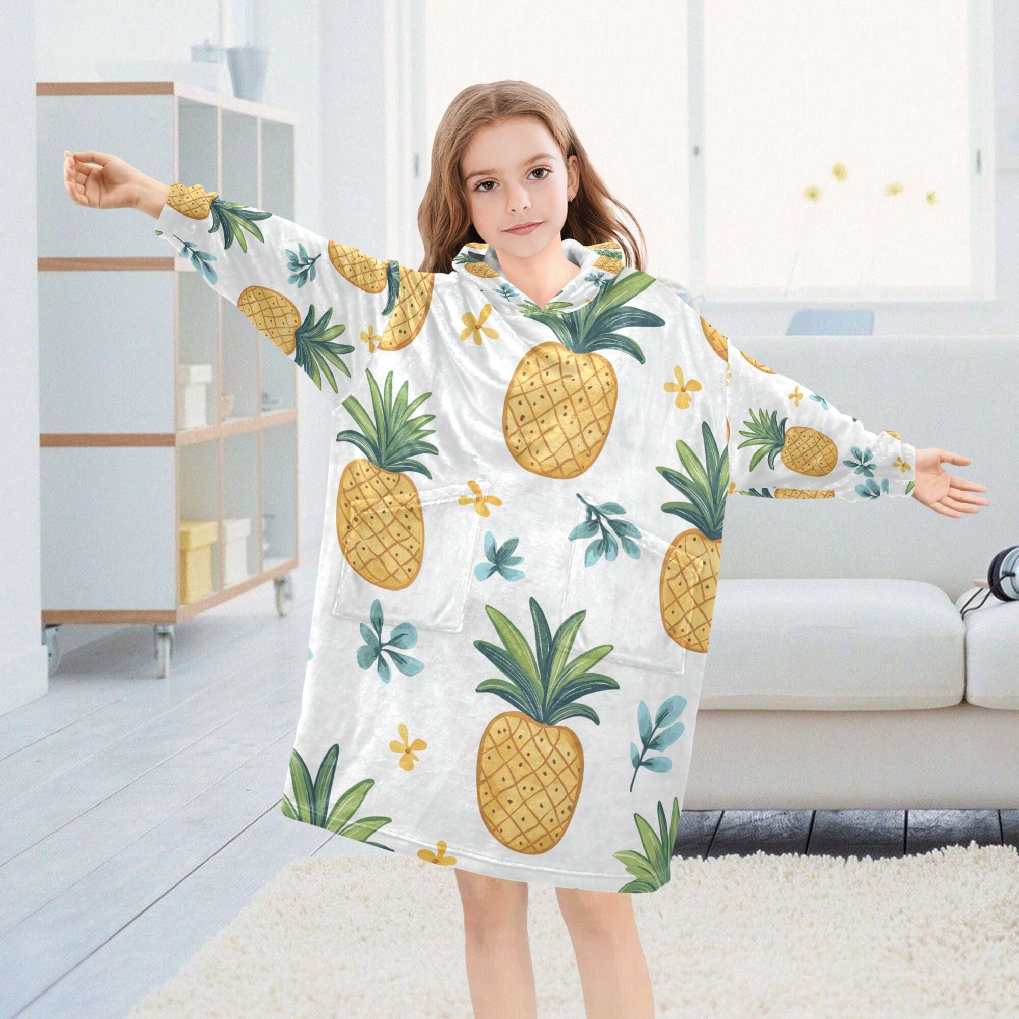 FORMRS Wearable Blanket Hoodie with Sleeves for Kids Cozy Flannel Sweatshirt, Pineapple