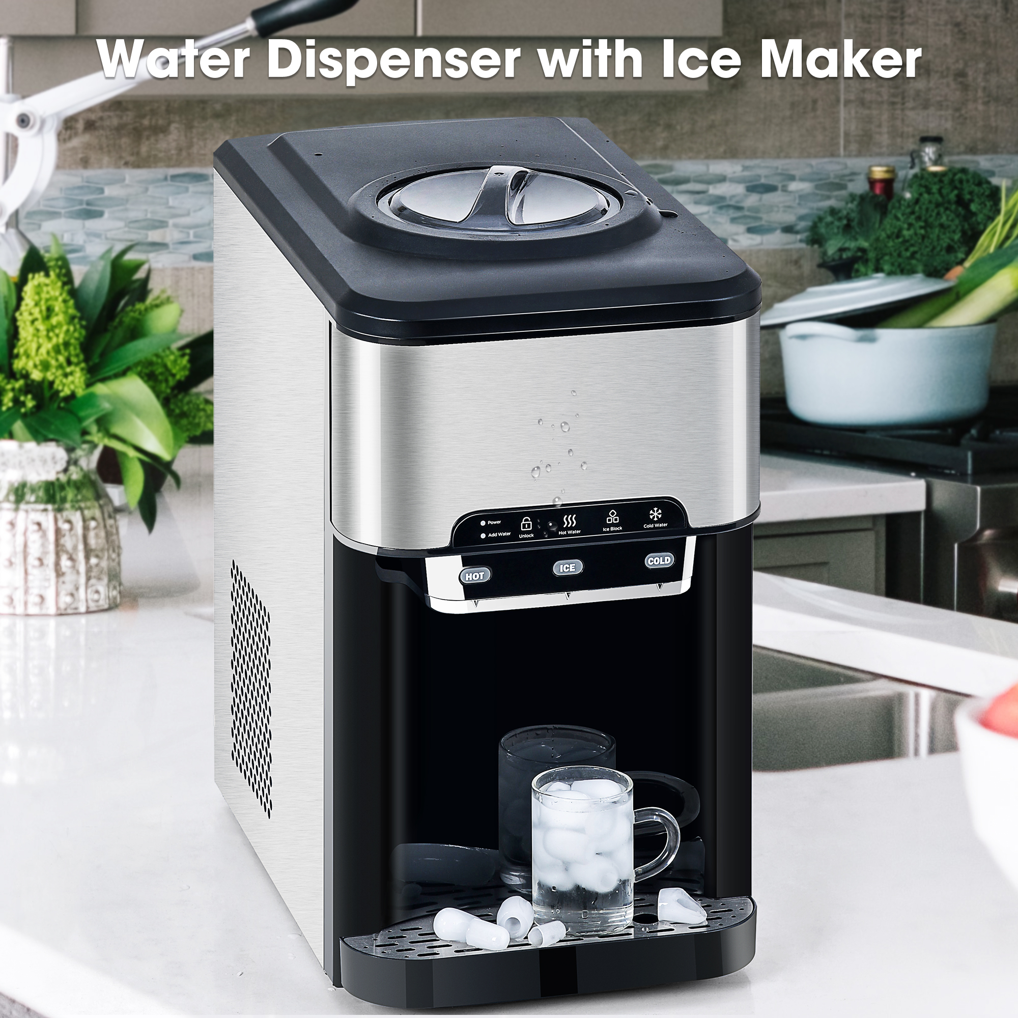 3 in 1 Water Dispenser with Ice Maker Machine Countertop, Portable Water Cooler, Quick 6 Mins Ice-making, Hot & Cold Water and Ice, Stainless Steel - image 2 of 10
