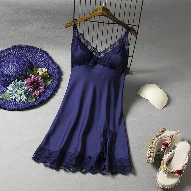 VISgogo Camisón sexy para mujer, sin mangas, cuello en V profundo, encaje, patchwork, bata de seda, vestido, ropa de dormir suave VISgogo moda