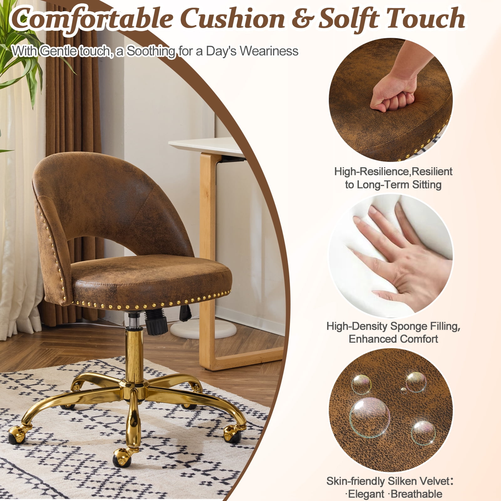 Ktaxon Office Desk Chair Adjustable Bronzing Cloth Fabric Computer Task Chair Small Rolling Vanity Stool with Wheels for Study Make-up Dressing Room Brown