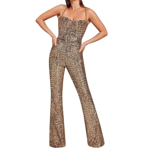 SRZYMJ Vintage Women's Jumpsuit Stylish Women's Sequined Jumpsuit with Chain Belt Detail Backless Evening Wear Party Outfit Elegant Pant