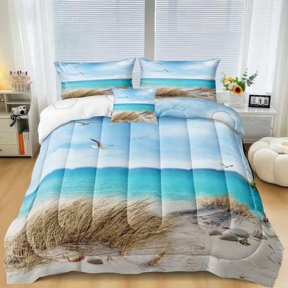 Blue Ocean Bedding Set Beach Themed Comforter Set Queen Size 4 Pcs White Seagull and Seaside Rocks Seascape Pattern Blue Island Scenery Coastal Bedding Sets Ocean Beach Bedding Sets