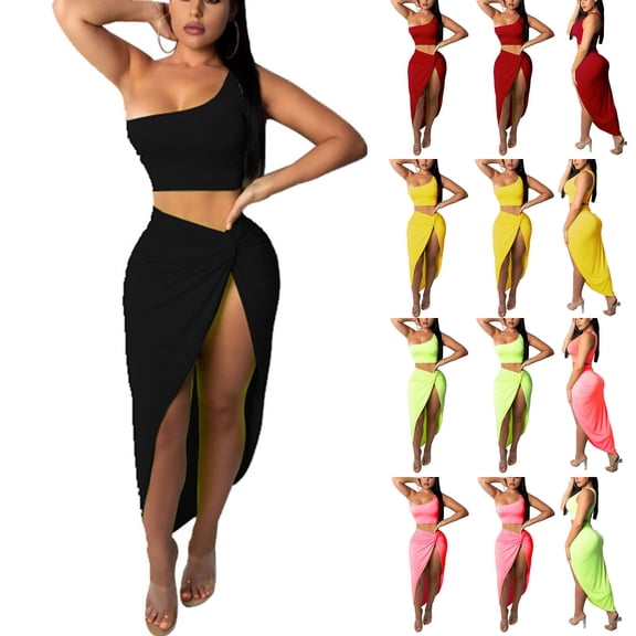 CHUMUD Skirt Sets for Women 2 Piece Outfits Summer Matching Set Sleeveless One Shoulder Crop Top Side Split Draped Ruched Maxi Skirt Set Vacation