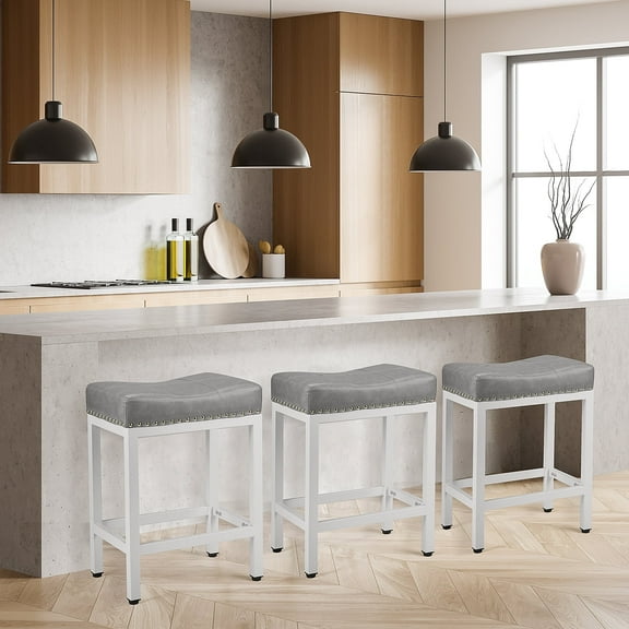 JOINSUN 24 Inch Bar Stools Set of 2, Stylish Counter Height Chairs with Metal Base and PU Leather Seats, Modern Touch for Your Home Bar or Kitchen Island, Gray
