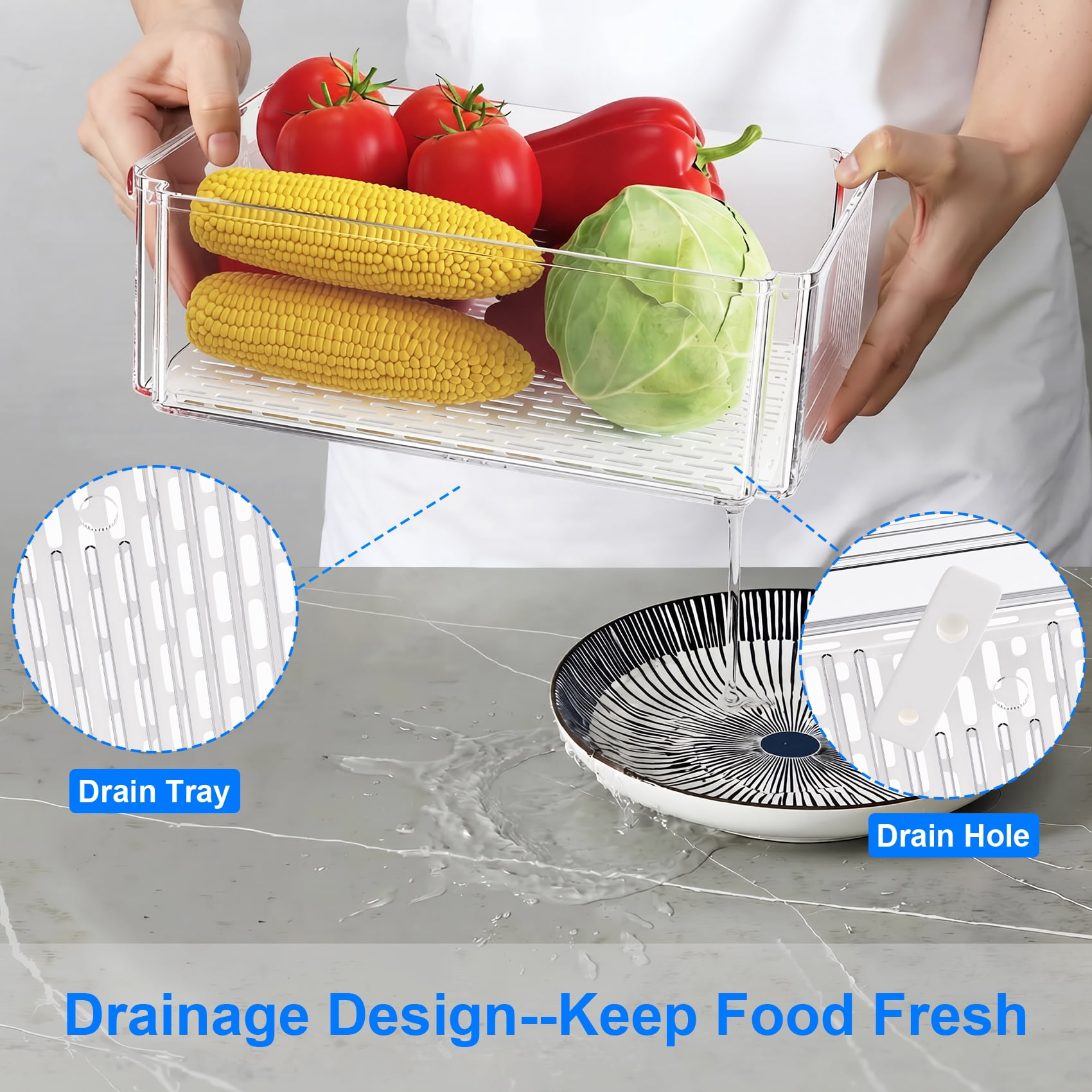 14 Pack Clear Fridge Organizers with Lids, Stackable Food Storage Containers with Drain Board, Kitchen Produce Saver for Fruit, Vegetable and Meat