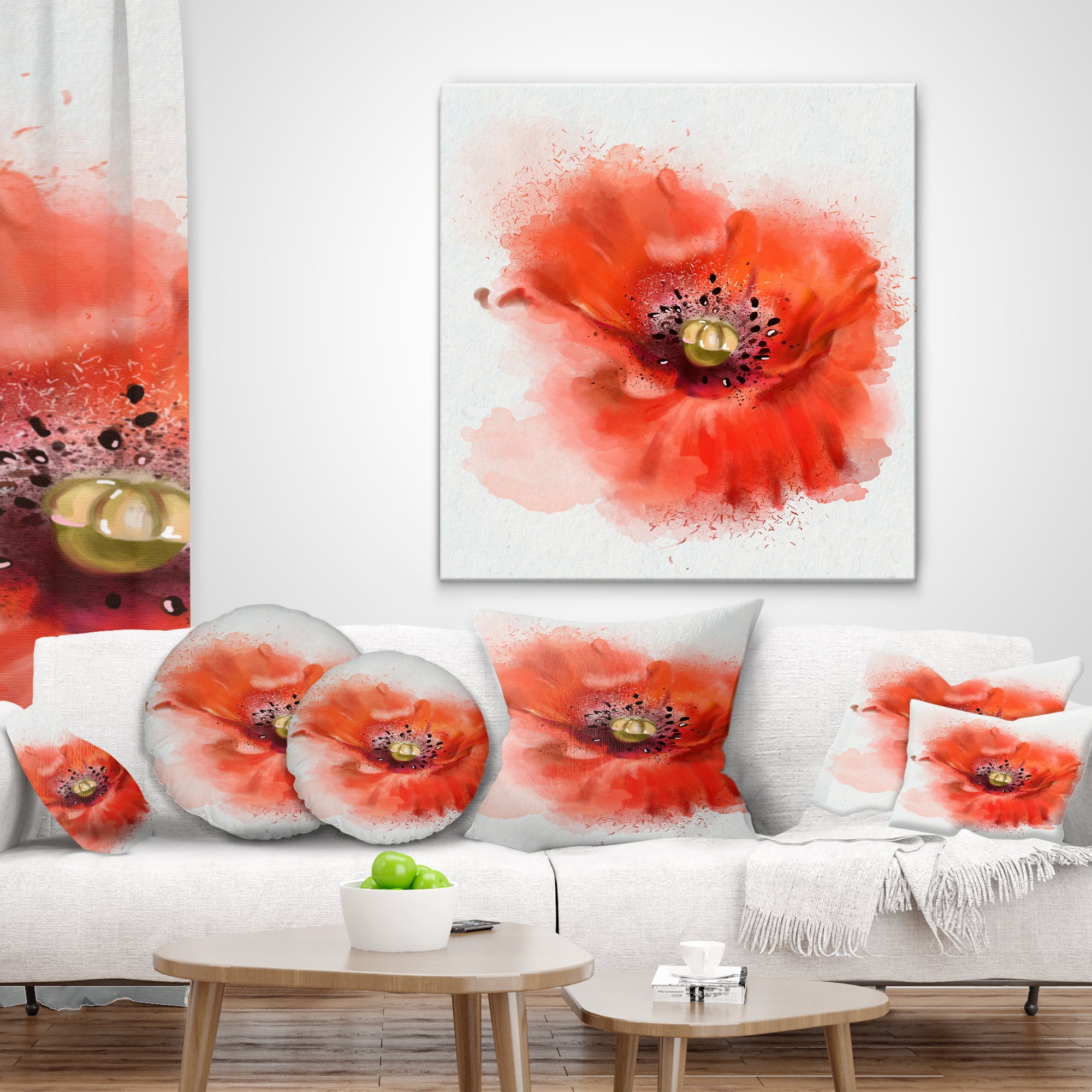 Designart Stylish Red Watercolor Poppy Flower - Floral Throw Pillow - 18x18