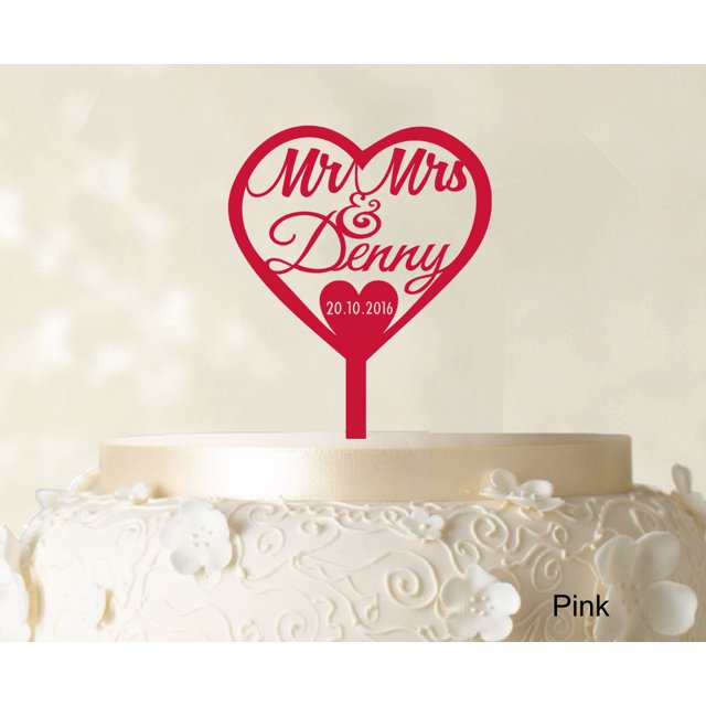 Personalized Mr And Mrs Wedding Cake Topper With Date And Heart Cake Decorations Color Option Available 5.5-6.5 Inches Wide