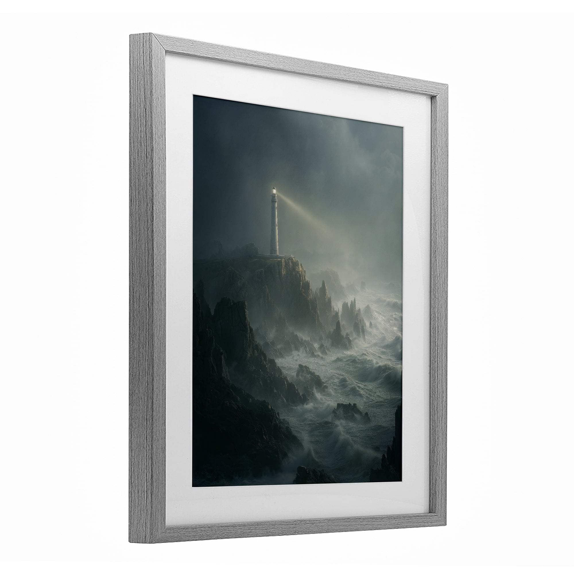 Lighthouse and Stormy Cliff Gray Framed Print Under Glass, design by Ziwei Li