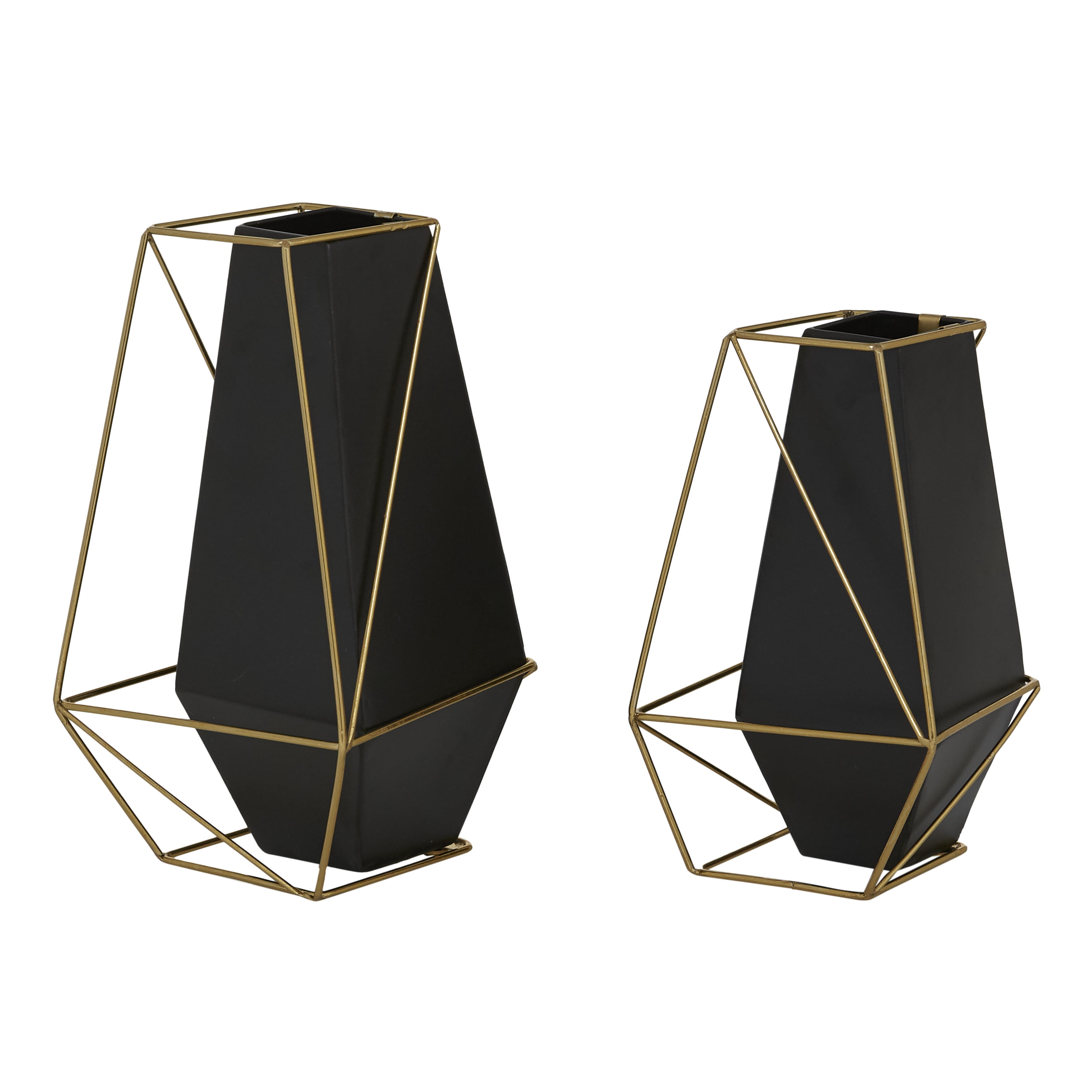 Decmode Black Metal Geometric Vase With Outer Gold Frame, Set Of 2 9.5