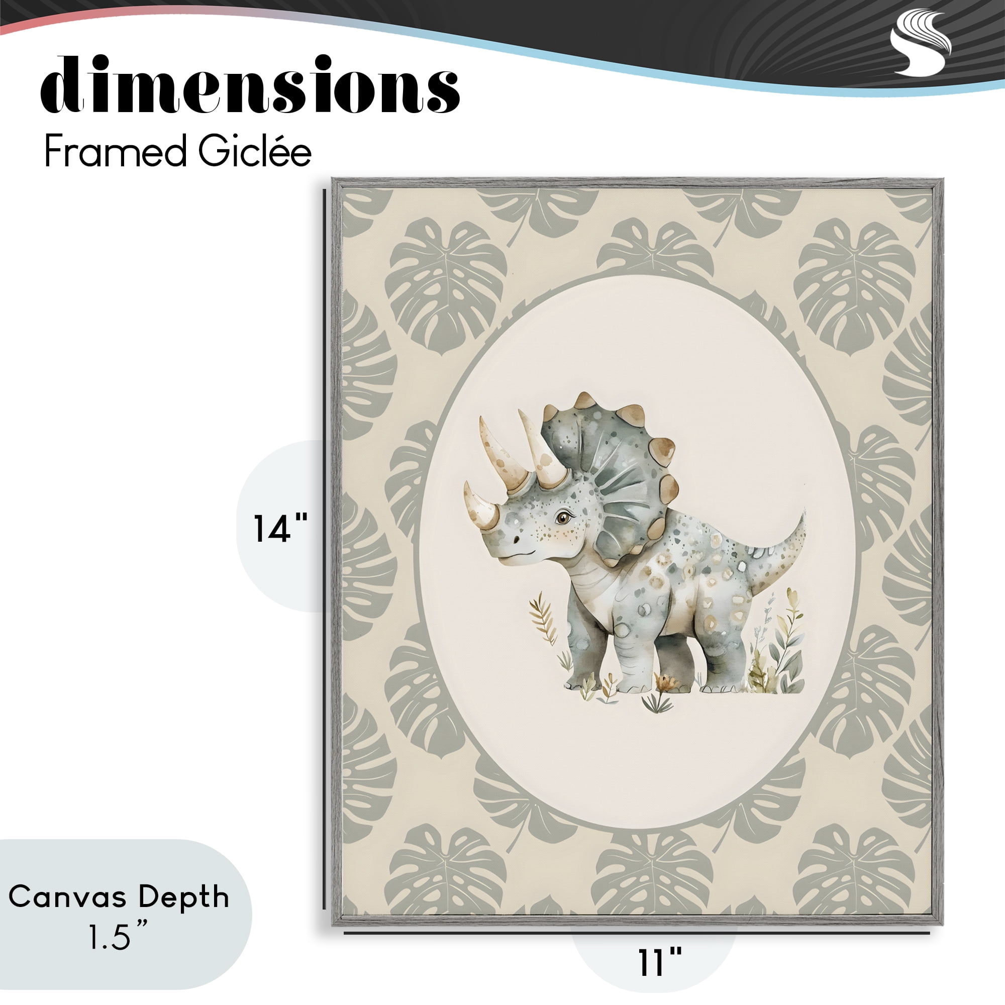 Stupell Industries Watercolor Dinosaur Tropical Border Gray Framed Giclee Art, design by LSR Design Studio