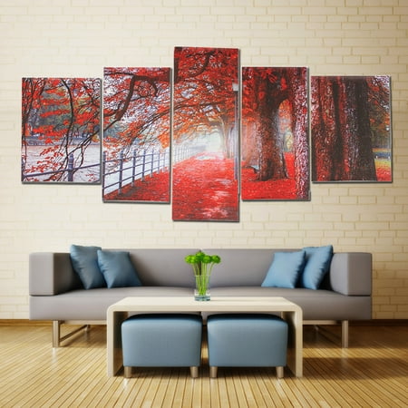 Maple Leaf Ship 5Pcs Modern Abstract Oil Painting Canvas Red Maple Tree Leaves Picture Print Wall Art Frameless Home Decor Christmas Gift ()