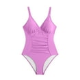 thumbnail image 6 of Fartey Women's One Piece Solid Color Swimsuit Tummy Control Slimming Bathing Suit Spaghetti Straps Swimsuits Fashion Elegant V Neck Ruched Swimwear Purple S-2XL, 6 of 9