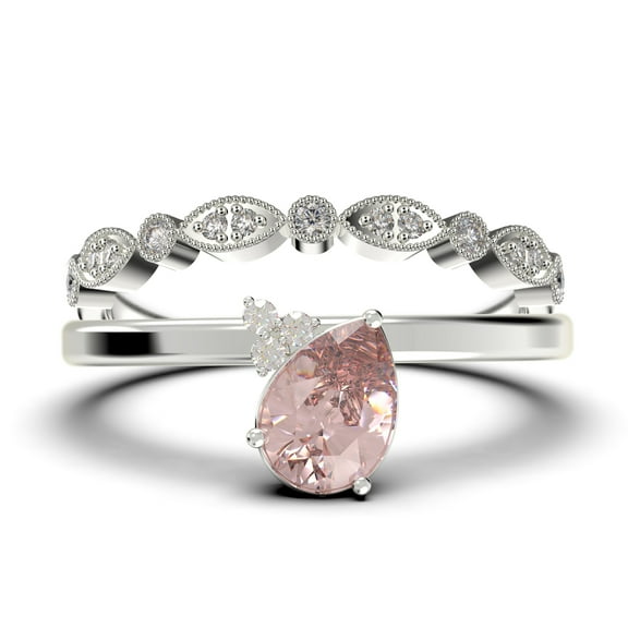 Gorgeous Minimalist 1.65 Carat Pear Cut Classic Morganite And Diamond Moissanite Engagement Ring, Wedding Ring, One Matching Band in 10k Solid White Gold, Gift For Her, Promise Ring, Anniversary Gift