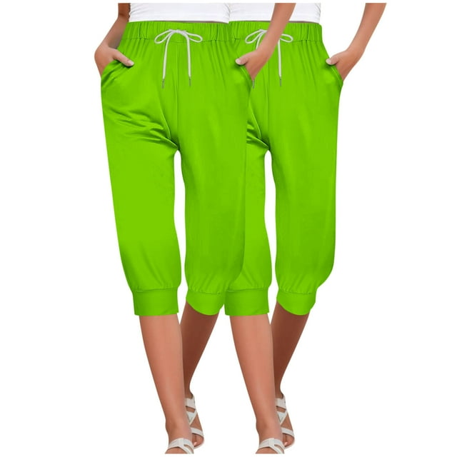Timegard 2pc Capri Pants for Women Elastic High Waisted Drawstring Comfy Casual Crop Pants with Pockets