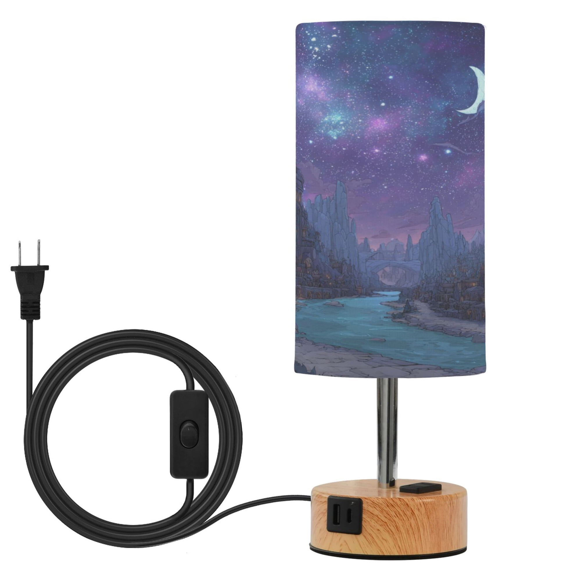 Touch Control Table Lamp with Wood Grain Metal Base 3 Color Temperature Adjustable LED Eye Caring Desk Lamp for Bedroom Study Alien Fantasy Purple City